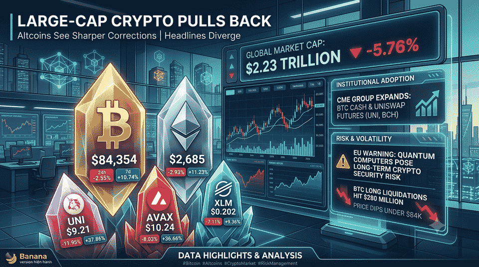 Large-Cap Crypto Pulls Back as Altcoins See Sharper Corrections and Headlines Diverge